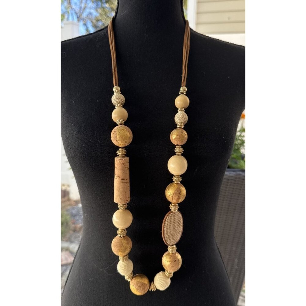 Chicos Gold Tone Wood Cork Cream Long Rope Link Chain Statement Necklace NEW